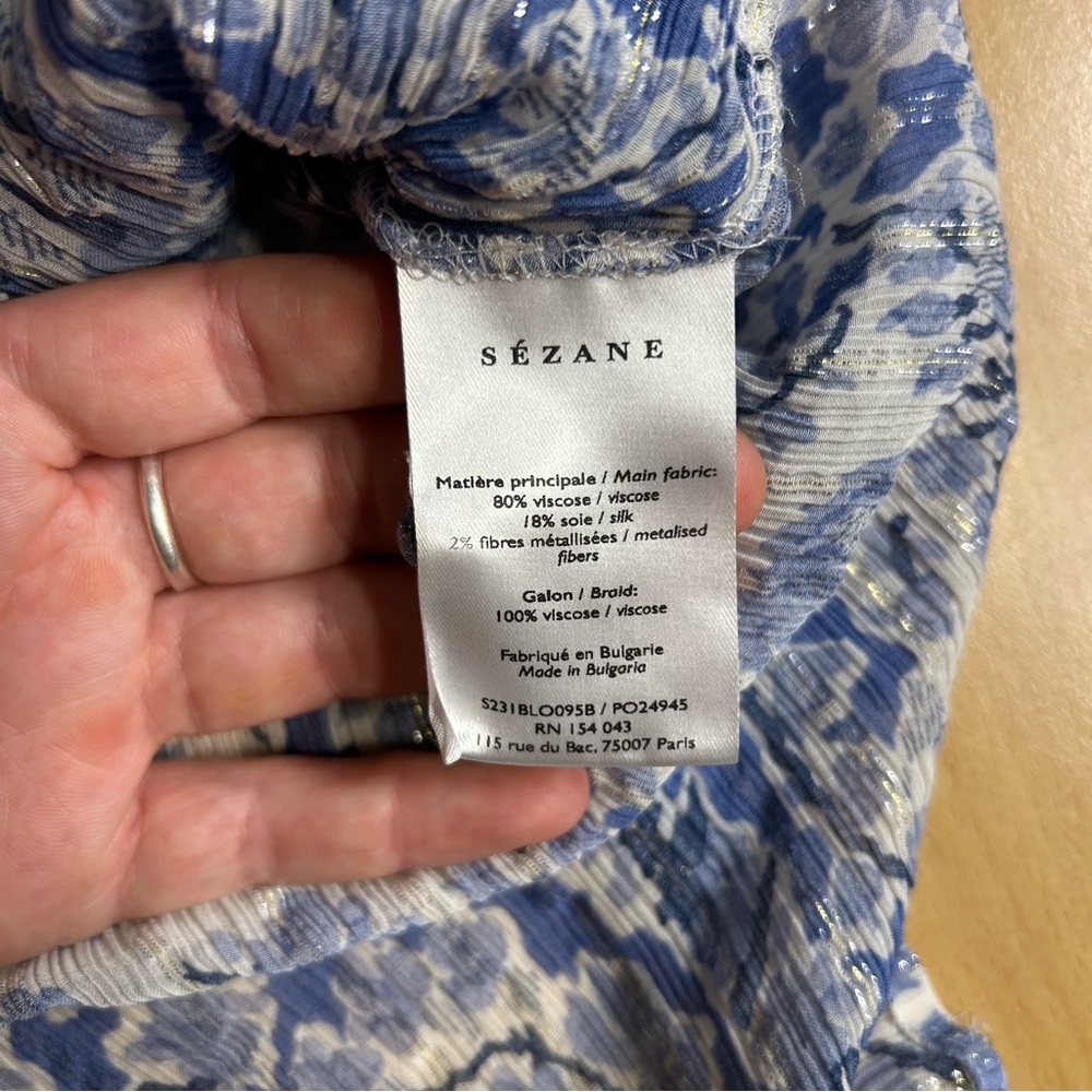 Sezane Amelia Blue and White Floral V Neck Faux Wrap Blouse - Picture 9 of 13